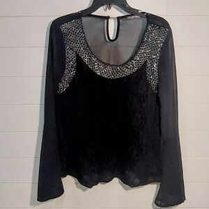 The Leaf Method Women's Large Semi-sheer Lace Top Black Sheer Sleeve Whimsy Goth